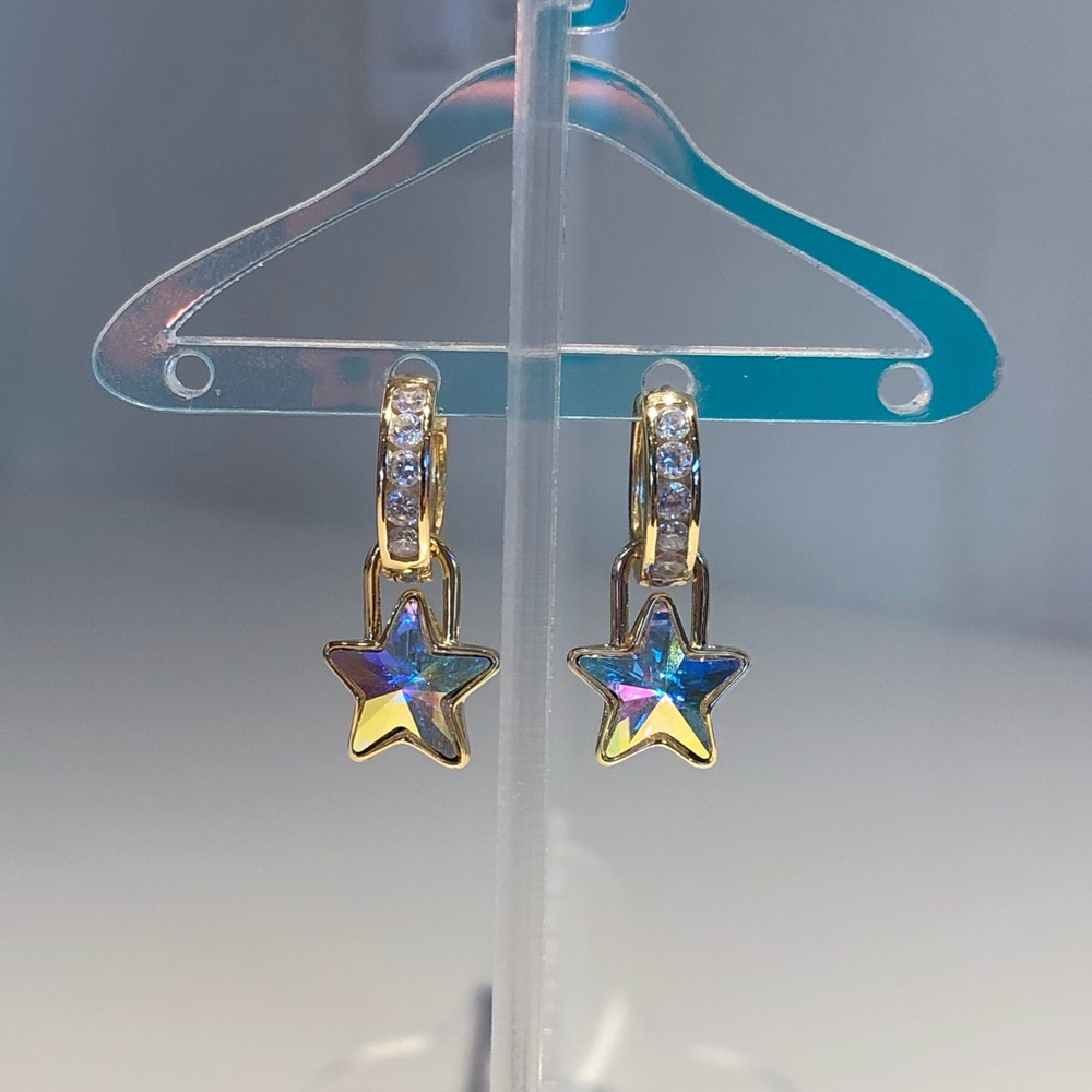 Thick Huggie Hoops with Swarovski Star Charm Padlock Earring 14K gold plated